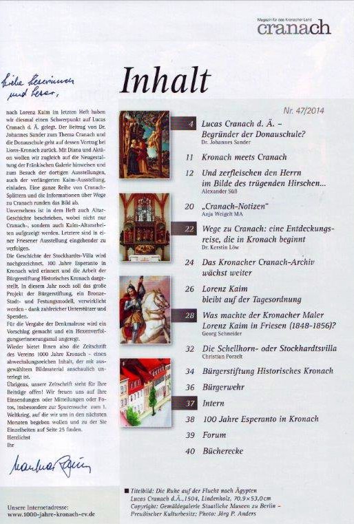 Inhaltsverzeichnis Cranach-Heft 2014