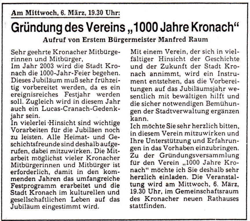 Anzeige zur Gründungsversammlung des Vereins 1000 Jahre Kronach