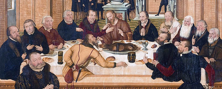 Lucas Cranach d. J.: Epitaph Joachims von Anhalt, Johanneskirche Dessau, 1565, der rechts stehende Mundschenk wird als Selbstbildnis Lucas Cranachs d. J. gedeutet