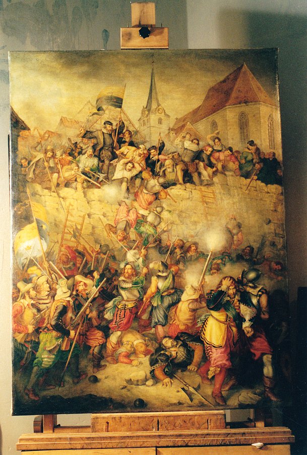 Lorenz Kaim: „Stürmung Cronach“, 1837. Dem Magistrat der Stadt zum Dank für die gewährten Ausbildungsbeihilfen übergeben