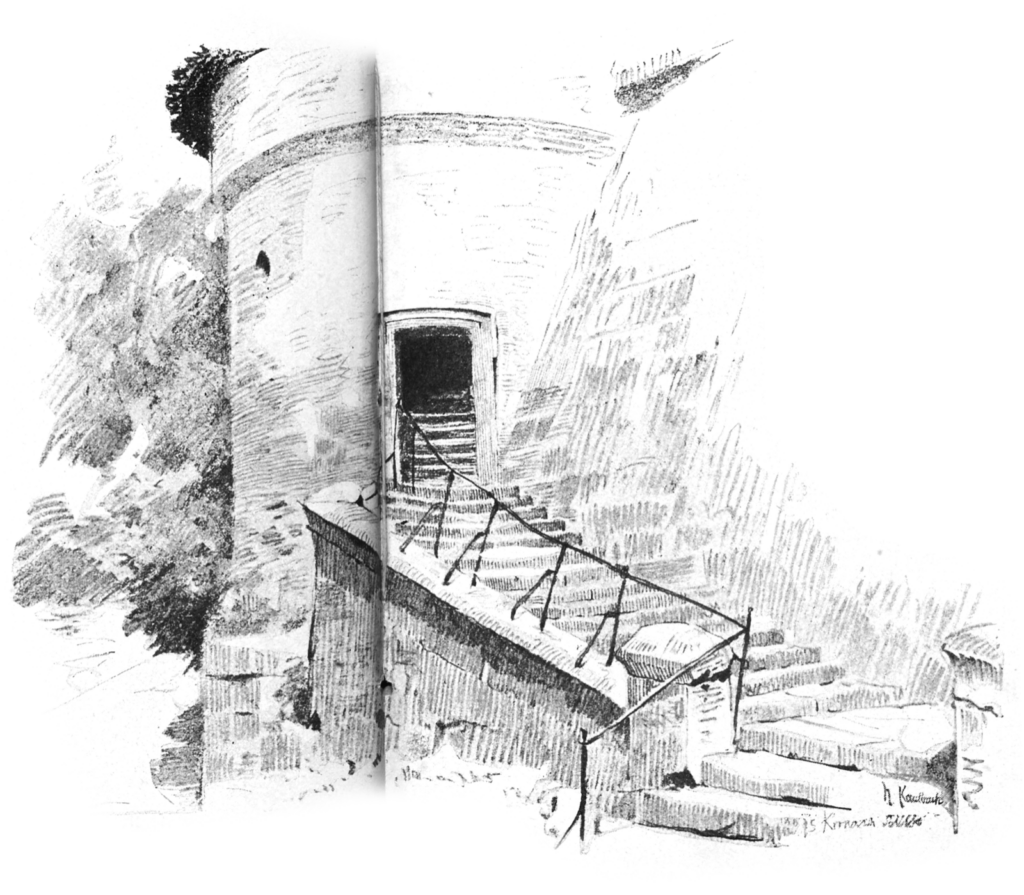 Bleistiftzeichnung: Runder Mauerturm mit einer Freitreppe, umgeben von Bäumen