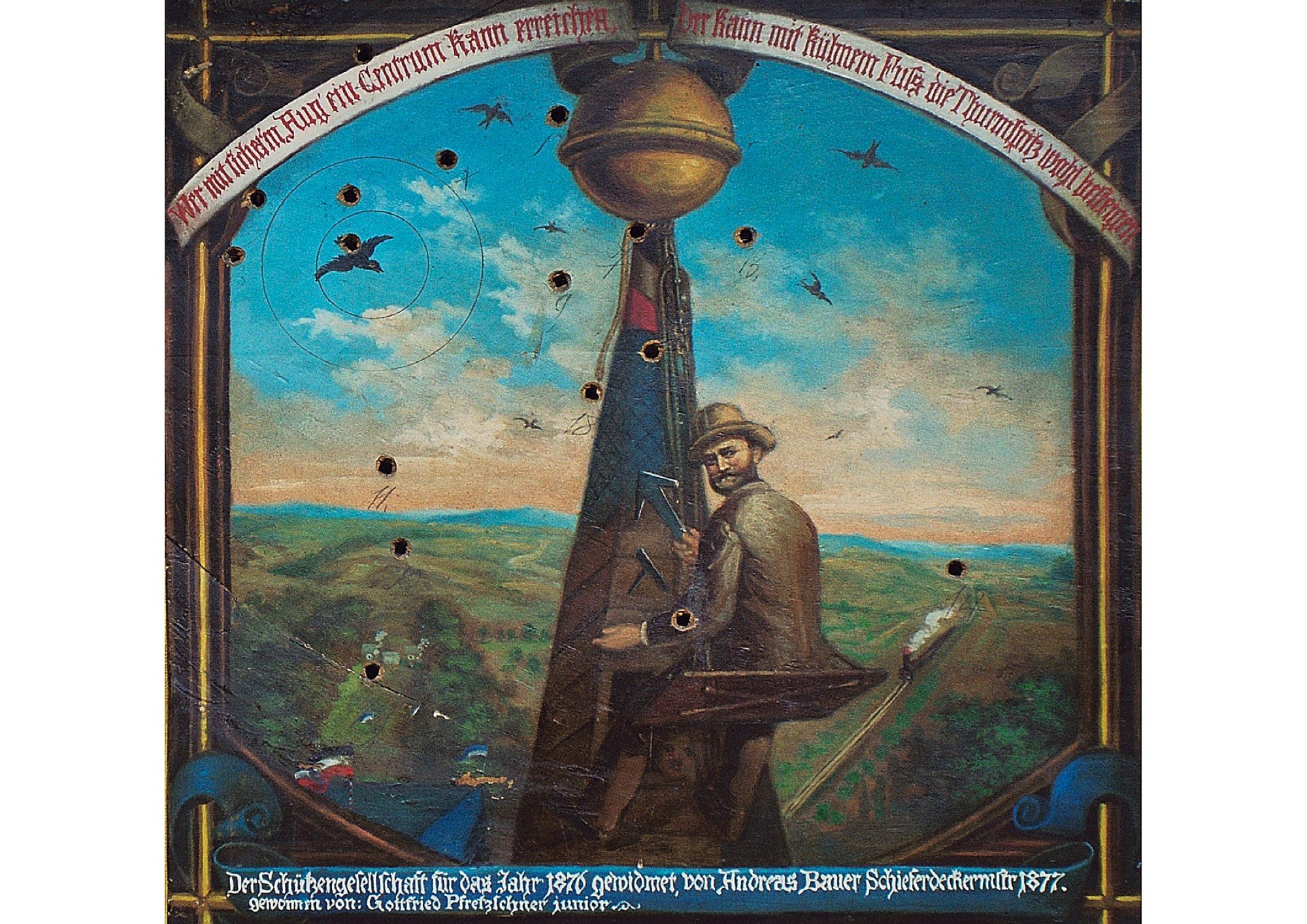 Lorenz-Kaim-Ansichtskarte: Schießscheibe des Schieferdeckermeisters Andreas Bauer (1876/77)