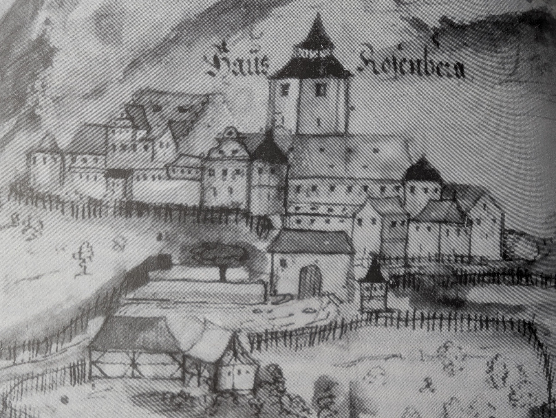 Historische Federzeichnung der noch unbastionierten Festung Rosenberg mit der Beschriftung Haus Rosenberg