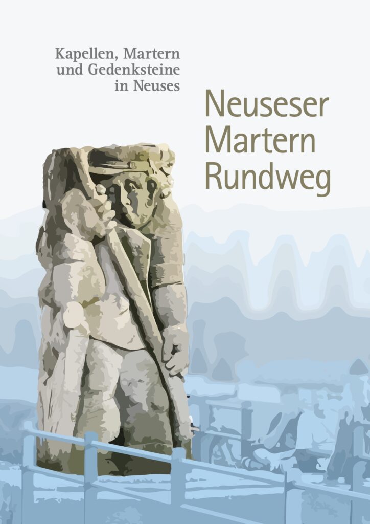 Titelseite „Neuseser Martern Rundweg – Kapellen, Martern und Gedenksteine in Neuses“ mit grafisch verfremdeter Steinfigur eines Flößers