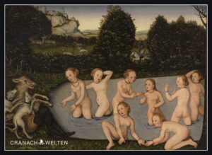 Deckel des 1000-Teile-Puzzles &bdquo;Diana und Akt&auml;on&ldquo; mit dem Cranach-Gem&auml;lde auf dunklem Grund und dem Logo CRANACH-WELTEN