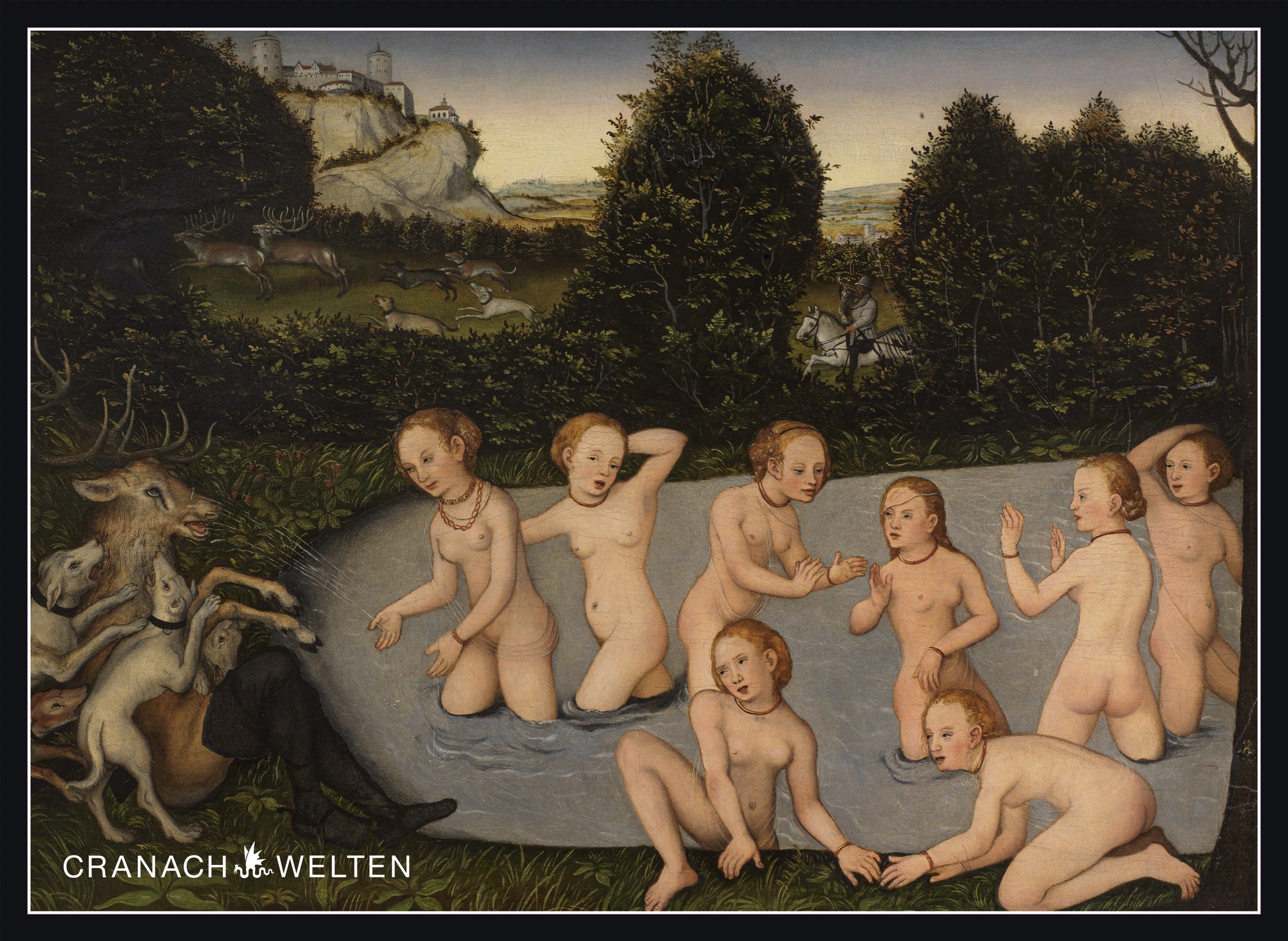 Deckel des 1000-Teile-Puzzles „Diana und Aktäon“ mit dem Cranach-Gemälde auf dunklem Grund und dem Logo CRANACH-WELTEN