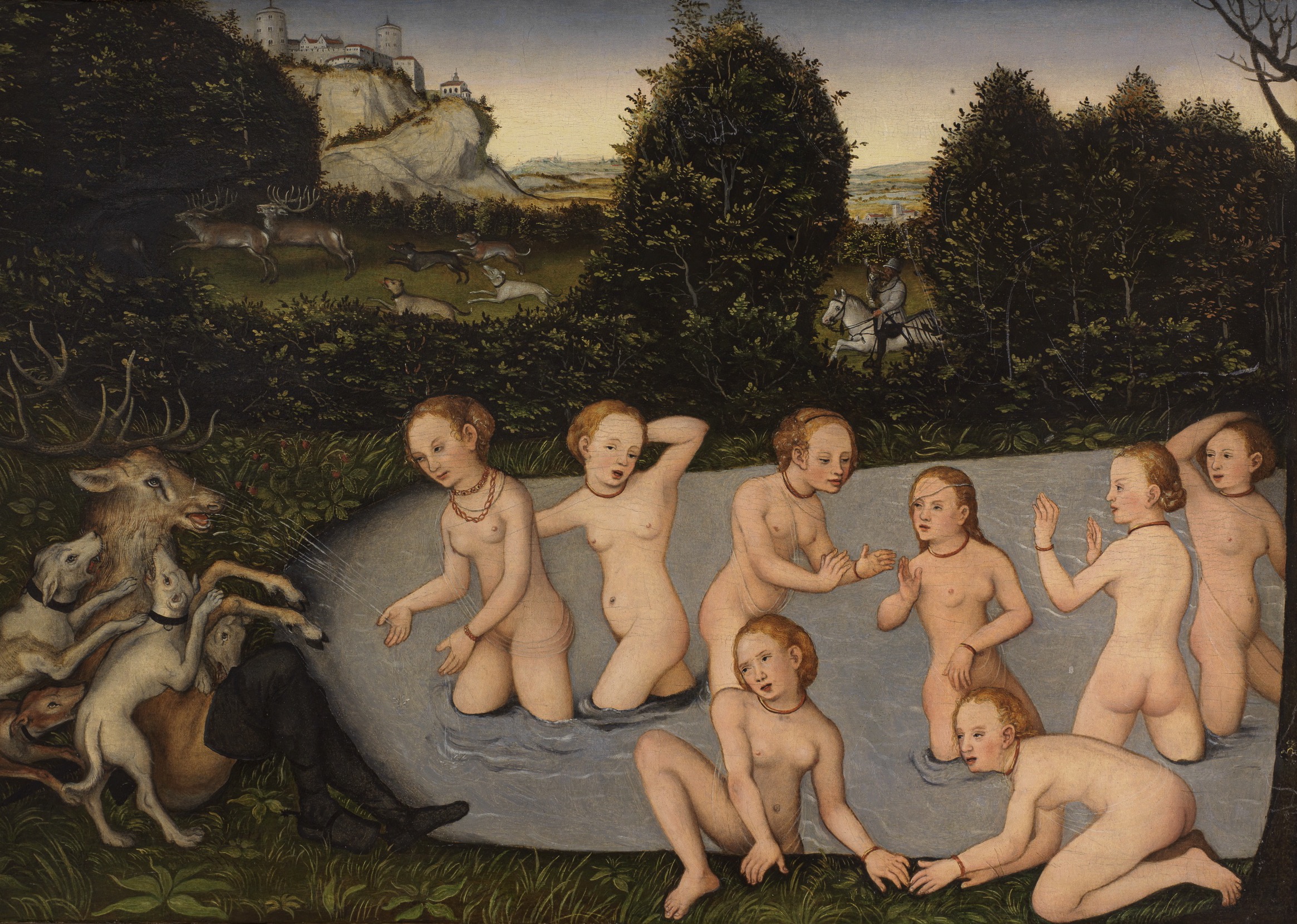 Puzzlemotiv „Diana und Aktäon“, Werkstatt Lucas Cranach d. Ä., um 1540: Diana und ihre Nymphen baden im Teich, links wird der in einen Hirsch verwandelte Aktäon von seinen Hunden angefallen, im Hintergrund Hirschjagd und Burgfelsen